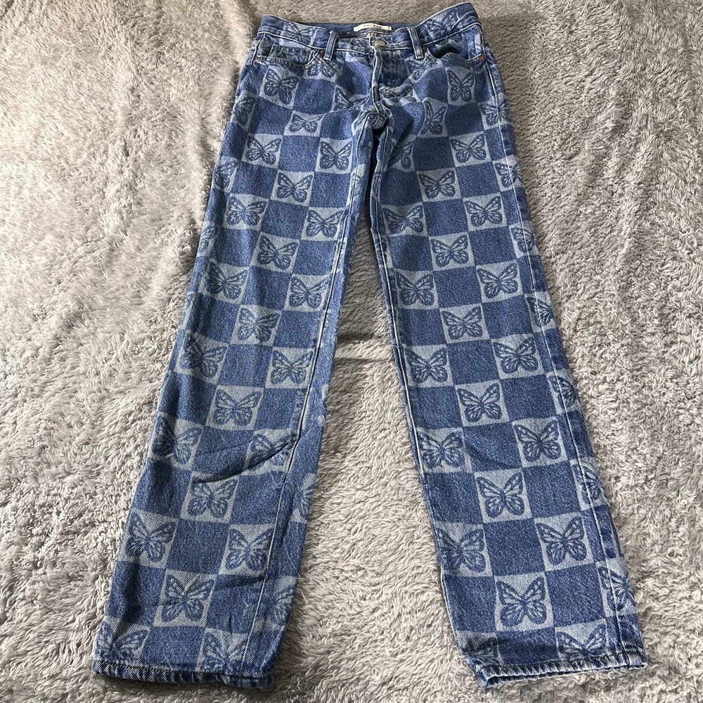 Pacsun Straight Jeans Womens 23 Blue Gray Denim Allover Butterfly Print Low Rise